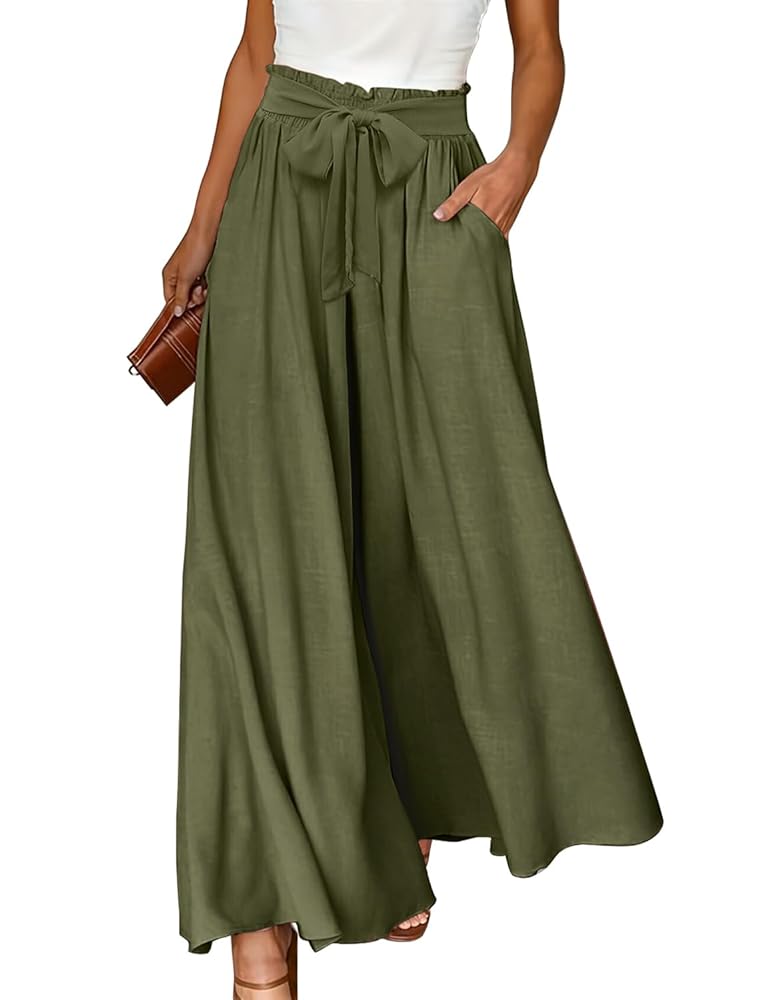 YESNO Women Wide Leg Pants High Waisted Floral Boho Palazzo Culottes Casual Flowy Tie Knot Trousers with Pockets PPS