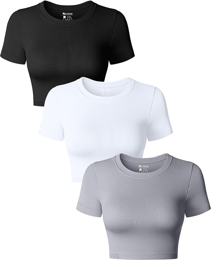 OQQ Women's 3 Piece Crop Tops Crew Neck Shorts Sleeve Stretch Fitted Shirts Crop Tops